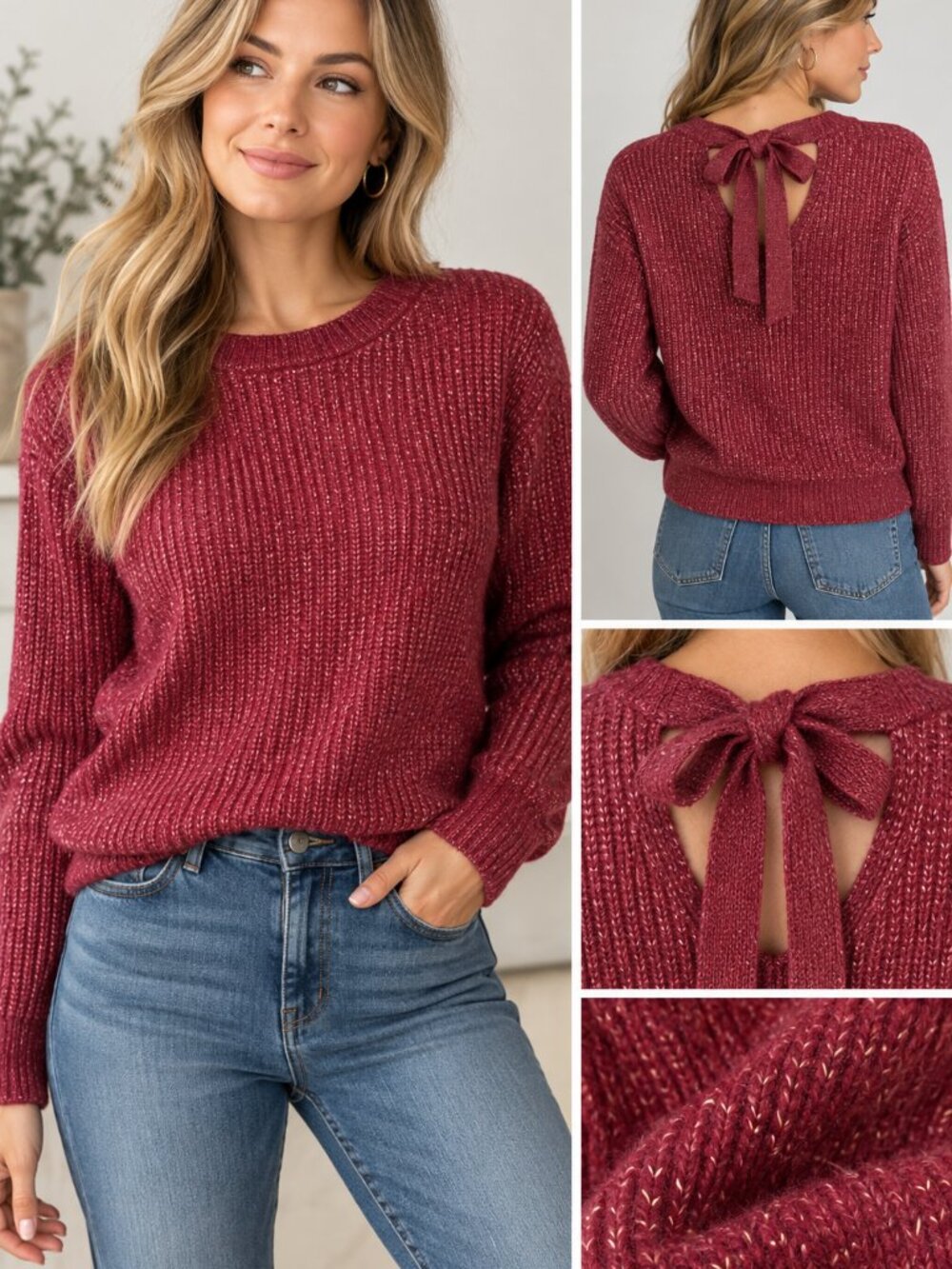 LOFT Outlet Shimmer Knit Bow Back Sweater XL Burgundy Pink